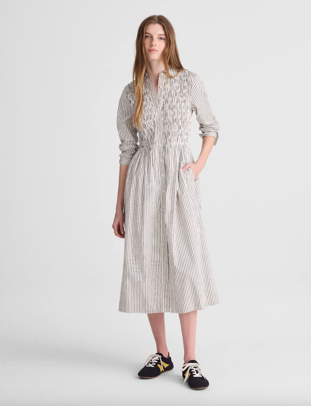 Madewell Smocked Midi Shirtdress Poplin Cotton White Black Striped Small NWT